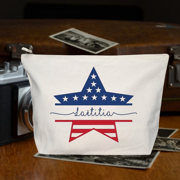 Trousse en coton personnalisée drapeau USA - Pochette de voyage étoile - Sac zippé personnalisable - Etats-Unis - Cadeau globe-trotteur