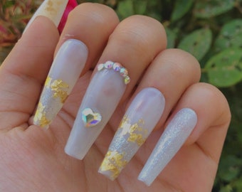 Golden Gem | Handmade Milky White Gold and Silver Crystal Nails
