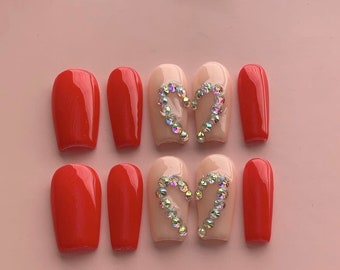 Nude Heart | Handmade Dark Red, Nude, Gem Heart Nails