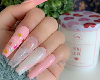 Valentine Gem | Handmade Valentine day nails | Pink Heart Marble Milky White Nails