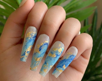 Golden Diamond Ocean | Handmade Marble Blue Gold Nails