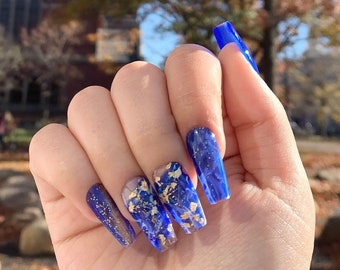 Golden Blue Icicles | Handmade Dark Blue Marble Gold Nails