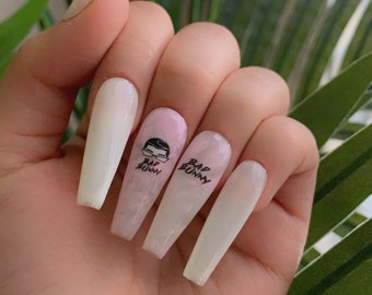 DAKITI | Handmade Bad Bunny Nails | Pink and Milky White Marble Nails