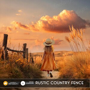 May include: A young person in an orange dress and straw hat walks down a path towards a sunset. A rustic wooden fence and tall grasses frame the path. The sky is filled with orange and pink clouds. Text at the bottom reads "RUSTIC COUNTRY FENCE".
