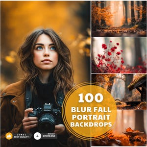 Op de afbeelding: Een vrouw met blauwe ogen en bruin haar houdt een zwarte camera vast. De afbeelding bevat een cirkelvormige afbeelding met de tekst "100 Blur Fall Portrait Backdrops". Extra afbeeldingen van herfstbladeren staan op de achtergrond.