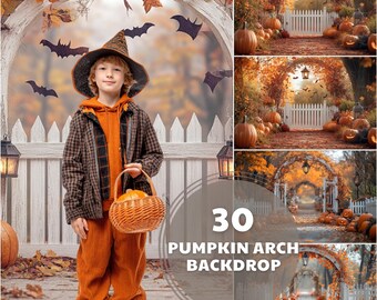 May include: A young person in an orange outfit and a witch hat holds a basket of pumpkins in front of a white picket fence. The image includes a backdrop of a pumpkin arch and the text "30 Pumpkin Arch Backdrop".