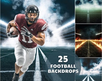 May include: A football player in a maroon uniform runs on a green field, holding a football. The image includes a stadium background and the text "25 FOOTBALL BACKDROPS". Additional images show different football field scenes.