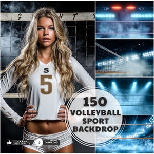 May include: A white volleyball jersey with the number 5 and the letter S in brown. The image includes a volleyball net and the text "150 Volleyball Sport Backdrop". The image also includes a woman with long blonde hair.