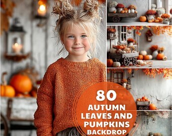 May include: A young girl wearing an orange sweater smiles in front of a backdrop featuring pumpkins, autumn leaves, and rustic decor. The image includes text that reads "80 Autumn Leaves and Pumpkins Backdrop."
