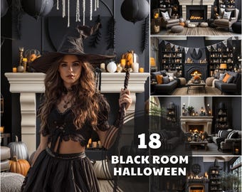 May include: A woman in a black witch costume stands in front of a Halloween-themed room. The room features a fireplace, pumpkins, and decorative elements. The text "18 BLACK ROOM HALLOWEEN" is displayed.