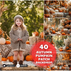 May include: A young child wearing a knit hat, sweater, and shorts stands in front of an autumn-themed backdrop. The backdrop features pumpkins, hay bales, and fall foliage. The image includes the text "40 Autumn Pumpkin Patch Backdrop."