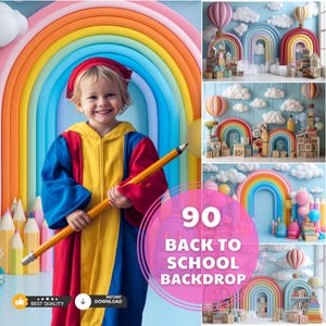 School Pastel Rainbow Digital Backdrops, Back to School Background Bundle, Kids Classroom Scene, Balloons, Clouds, Books, Pencil Props