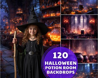 May include: A young girl in a black witch costume with a tall hat and staff stands in front of a Halloween potion room backdrop. The image includes a purple circle with the text "120 Halloween Potion Room Backdrops". The background features shelves of glowing potion bottles.