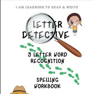 Puede incluir: Una portada de libro colorida con una lupa y huellas. El título es "Letter Detective 3 Letter Word Recognition Spelling Workbook" y el libro es para niños de 4 a 6 años.