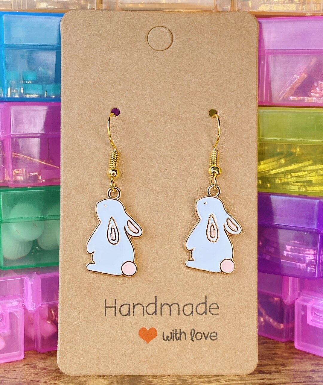 White and Pink Bunny Earrings With Gold Edging Etsy UK