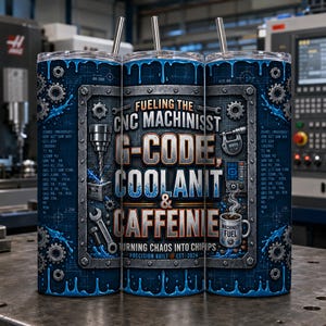 May include: A cylindrical stainless steel tumbler with a straw, featuring a blue industrial design with gears, CNC machine code, and the text: FUELING THE CNC MACHINIST G-CODE, COOLANT & CAFFEINE TURNING CHAOS INTO CHIPS PRECISION BUILT EST. 2024.