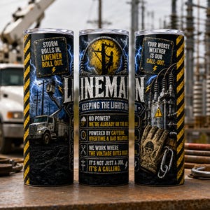 Puede incluir: Un vaso cilíndrico con un diseño gráfico dedicado a los linieros. El estampado incluye un camión de servicios públicos, torres eléctricas, rayos y texto como 'Storm rolls in. Linemen roll out.' y 'Keeping the lights on.' Franjas de peligro amarillas y negras bordean el diseño.
