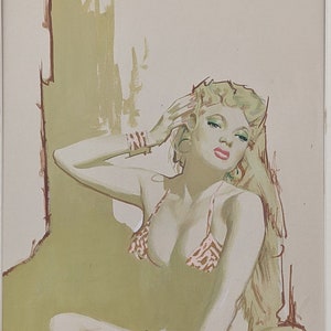 Vintage Gemälde sitzender Burlesque Stern in Dessous von Frank Liljegren - Gouache an Bord - Original Antike Zeichnung