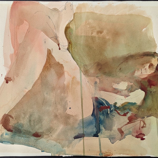 Abstract Watercolor Painting of Nude Woman Laying Down by Charlie Reid - Watercolor and Pencil on Paper - Original Vintage Antique Artwork