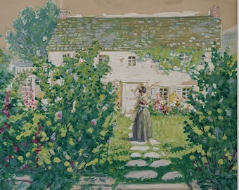 Antique Painting of Woman Gathering Flowers in Front of Cottage by B. Cory Kilvert - Gouache on Board - Vintage Original Drawing Artwork
