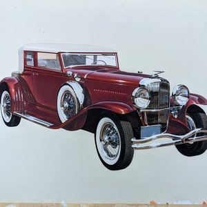 Oryginalny zabytkowy obraz przedstawiający kabriolet Duesenberg Model J z 1929 r. autorstwa Dona Rentona – gwasz i akwarela na desce – dzieło sztuki na ścianę w biurze