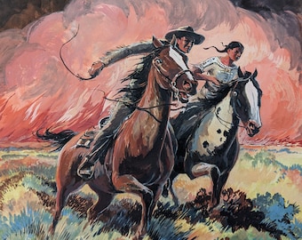 Vintage Painting of Pair Riding Away from Fire by Lorence Bjorklund - Published Book Cover - Gouache on Board - Original Antique Artwork