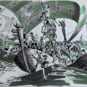 W. デイビッド ショーによるアイルランド海軍と戦うノルウェー人のヴィンテージ マガジン漫画 - 紙にインクと水彩 - オリジナルの出版済みアートワークの絵