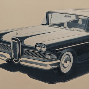 Vintage Gemälde von Ford Edsel Custom Car Headed Left by Kenneth Lewis - Gouache an Bord - Original Antikes Kunstwerk