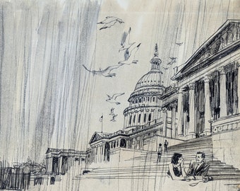 Vintage Drawing of Couple Sitting on Steps of US Capitol by Neil Boyle - Conte Pencil on Paper - Original Newspaper Illustration Artwork
