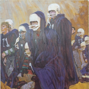 Pintura vintage original de jogadores de futebol na linha lateral assistindo a um jogo dramático de John McDermott - Acrílico a bordo - Arte de parede Mancave
