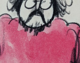 Lithopencil and Watercolor on Paper Vintage Original Cartoon of Artist in Pink Sweater by Charles Saxon Drawing Collectible Artwork