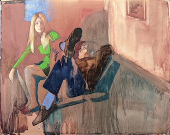 Vintage Painting of Young 1960&#39;s Couple Relaxing on Couch by Daniel B. Schwartz - Oil Wash and Pencil on Paper - Original Wall Decoration