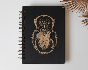 Wooden Notebook, Scarab Beetle Khepri and Ancient Egypt inspired, Handmade and engraved, A5 sized