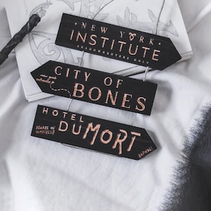 Könnte beinhalten: Drei schwarze Holzpfeil-Schilder mit kupferfarbenen Buchstaben. Die Schilder lauten "NEW YORK INSTITUTE", "CITY OF BONES" und "HOTEL DUMORT". Die Schilder sind auf die Shadowhunters-Serie abgestimmt.