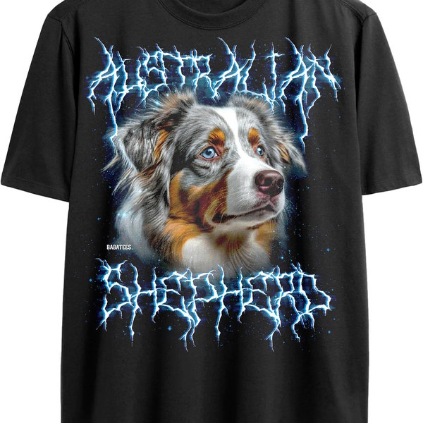 Australian Shepherd Dog Epic 80s Glam Rock VHS Death Metal TShirt for Aussie Mom or Dog Dad Graphic Tee