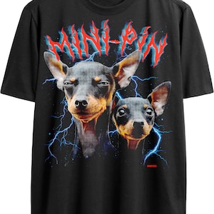 Miniature Pinscher Mini Pin Dog Breed Epic 80s Vintage VHS Glam rock Death Metal TShirt for Mini Pin Mom or Dog Dad Graphic Tee