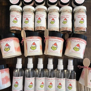 The Grinch Christmas Themed Organic exfoliating sugar scrubs, bath soak, lip scrub or room spray Merry Grinchmas Gifts