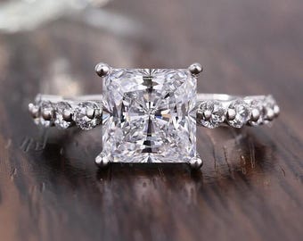 Förlovningsring med 3 karat prinsessslipad moissanit, solitaire-ring med prinsessslipad moissanit i 14 karat massivt guld, solitaire-ring i 14 karat guld med dold halo och gåvor