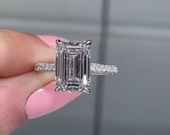 Bridal Ring For Her 3 CT Emerald Cut Moissanite Engagement Ring 14K White Gold Ring Anniversary Ring Hidden Halo Wedding Ring Solitaire Ring