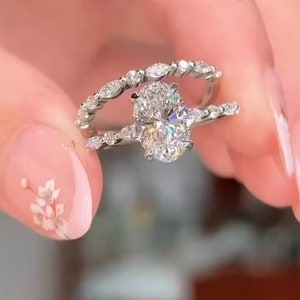 2CT Oval Cut Moissanite Engagement Bridal Set 14K Gold Ring Set Wedding Band Promise Ring Set Gift Stylish Bridal Set Ring Ring Gift For Her