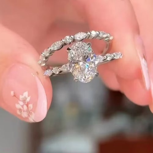 2CT Oval Cut Moissanite Engagement Bridal Set 14K Gold Ring Set Wedding Band Promise Ring Set Gift Stylish Bridal Set Ring Ring Gift For Her