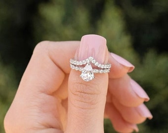 1.50CT Moissanite Pear Cut Diamond Bridal Engagement Anniversary Ring 14K White Gold Ring Set Sterling Silver Ring, Pear Ring, Bridal Ring