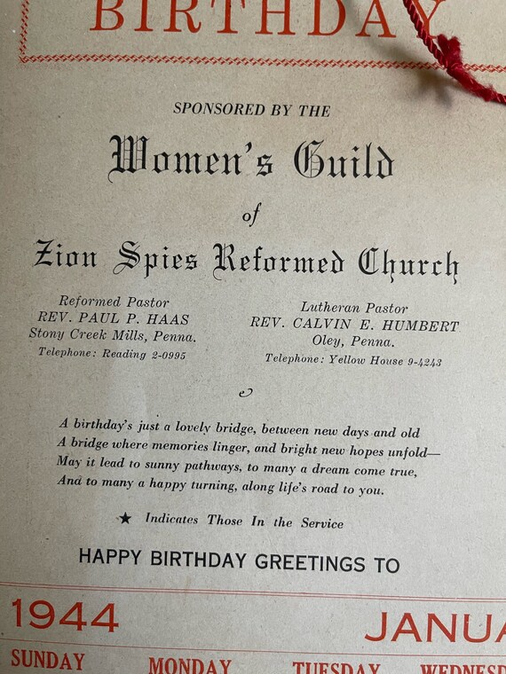 1944 Birthday Calendar Sponsored by the Women's Guild of Zion Spies  Reformed Church Local Pennsylvania History Oley, Penna. - Etsy