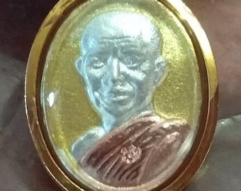 Asiatisches Handgemachtes Amulett 18k Gold Anhänger: Gesegneter Thai Buddha Mönch LuangTa Maha Bua Anhänger