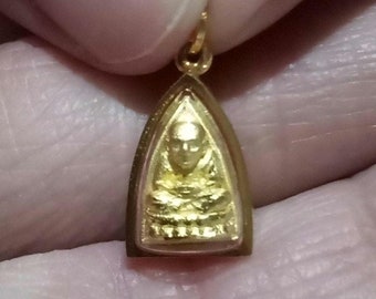 Tiny Buddha Amulet 18k Gold Pendant: LP Thuat Monk Talisman