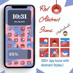 May include: A phone screen mockup with a red and blue abstract design. The screen shows a clock with the time 10:31 and the date Mon, March 10. The phone screen also shows a battery icon with 85% charge. The text "Red Abstract Icons" is displayed above the phone screen. The text "300+ App Icons with Abstract Styles!" is displayed below the phone screen.