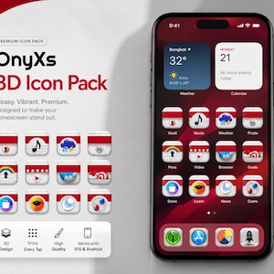 Könnte beinhalten: Ein digitales 3D-Icon-Paket mit dem Titel OnyXs 3D Icon Pack mit glänzenden roten und weißen App-Symbolen. Das Display zeigt einen Smartphone-Startbildschirm mit Wetter- und Kalender-Widgets sowie verschiedenen App-Symbolen auf einem dunkelroten Hintergrund.