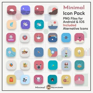 May include: A digital collection of square app icons with rounded corners, featuring various colorful graphic designs and logos. The text reads Minimal Icon Pack, PNG Files for Android & iOS Included, Alternative Icons, and Minimal MyLoveJewels.
