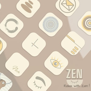 May include: A beige background with multiple square icons, each with a unique design. Icons include a stack of stones, a crescent, a spiral, an eye, and an envelope. The word "ZEN" is displayed in a stylized font, with the tagline "Relax with Zen!"