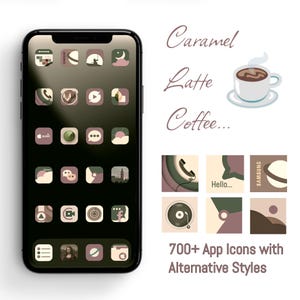 May include: A smartphone screen displaying a collection of app icons in a caramel latte coffee color scheme. The icons are arranged in a grid pattern and feature a variety of designs, including a crescent moon, a play button, a camera, and a music note. The text "700+ App Icons with Alternative Styles" is displayed below the grid of icons.